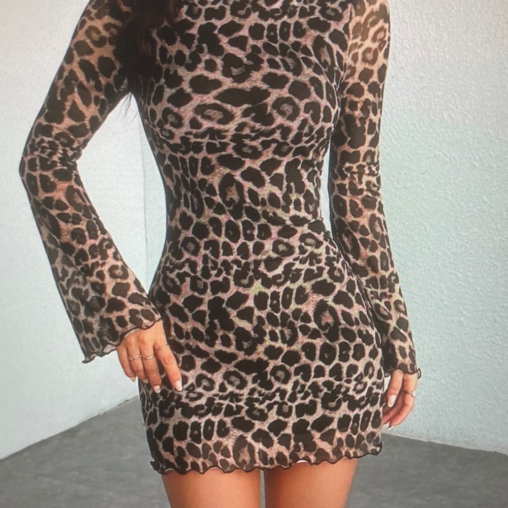 Long Sleeve Leopard Print Bodycon Dress in Brown - Picture 4 of 6